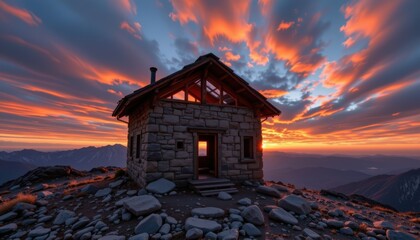 Stunning Sunset Over Stone Cabin Mountain Range Nature Photography Dramatic Environment Wide Angle View