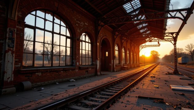 Abandoned Railway Station at Sunset Urban Decay Photography Nostalgic Atmosphere Wide Angle View - Powered by Adobe