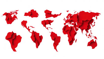 A red 3D map of the world the continents in a modern design. set against a clean white background. ideal for educational or illustrative purposes