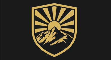 Golden mountain logo design vector with sun rays in shield shape for adventure and outdoor brand identity