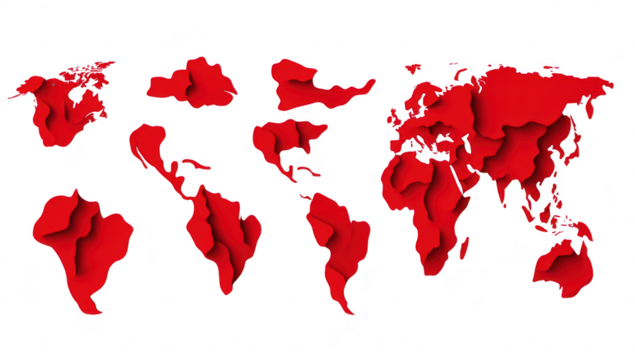 A red 3D map of the world the continents in a modern design. set against a clean white background. ideal for educational or illustrative purposes