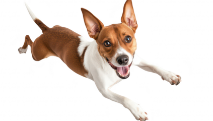 A joyful dog leaps energetically against a white background. its playful spirit and athleticism. ideal for pet-related content and marketing