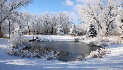 A serene winter scene showcasing a tranquil pond nestled amongst snow-dusted trees under a vibrant blue sky.