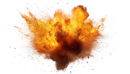 A dramatic explosion bursts forth. creating a vivid display of orange and yellow flames and debris against a stark white background. ideal for illustrating themes of destruction or high-energy action