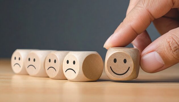 Hand chooses happy face among sad faces on wooden blocks.
