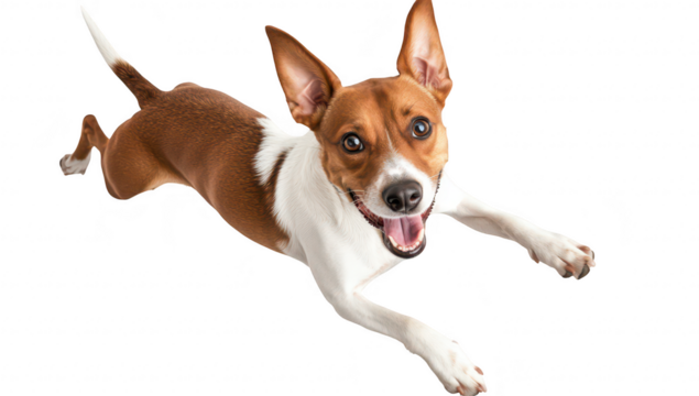 A joyful dog leaps energetically against a white background. its playful spirit and athleticism. ideal for pet-related content and marketing