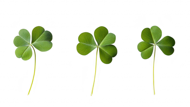 Three green clover leaves arranged in a row on a clean white background. symbolizing luck and nature. suitable for use in environmental or seasonal themes