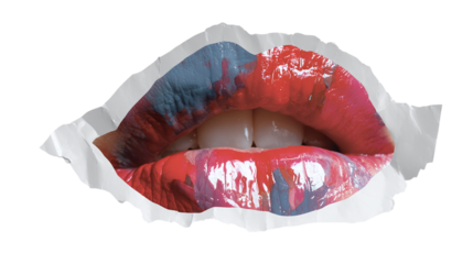 Painted lips with torn paper effect isolated on transparent background