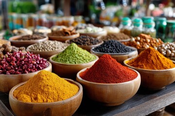 Fototapeta premium Colorful Spices in Wooden Bowls at a Market