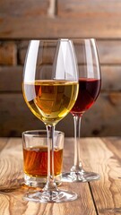 Naklejka premium Three wine glasses and a shot glass on a wooden table