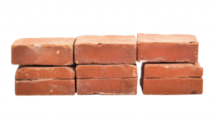 A close-up view of a stack of weathered red bricks arranged neatly. their texture and color. with a clean white background emphasizing their rustic charm. ideal for construction or design themes