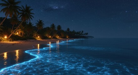 Obraz premium Night beach with bioluminescent waves, palm trees, and lanterns