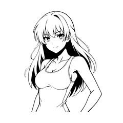 Black and white hot anime character line art illustration, stylish minimal outline drawing in clean style
