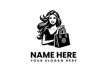 Stylish Woman with Flowing Hair Holding Shopping Bag Logo Design.