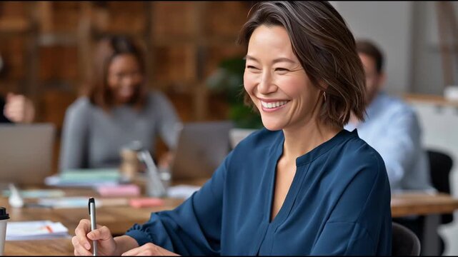 Asian woman smiling and writing at a modern shared office space. Blurred background with coworkers working on laptops. Bright, collaborative atmosphere.