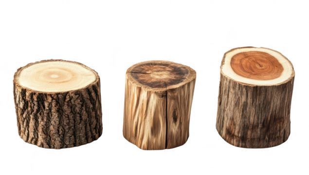 Three distinct wooden logs unique textures and patterns. placed against a clean white background. ideal for natural decor or woodworking projects