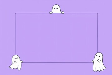 Three cute white ghosts peek out from a rectangular frame on a light purple background, creating a lovely and friendly text frame for Halloween.
