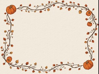A frame made of intertwined branches adorned with autumn-colored leaves and ripe pumpkins on a paper texture background, creating a rustic and warm feeling.