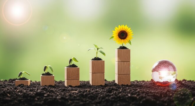 Growth Stages - Seedling to Sunflower with Lightbulb on Soil.