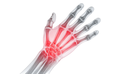 Human hand skeletal structure with highlighted carpal bones isolated on transparent background
