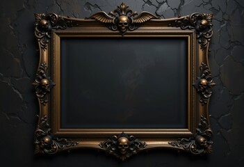 A Gothic-style frame in antiqued brass, ornately decorated with skulls and wings against a black marble background, exuding luxury, mystery, and awe.