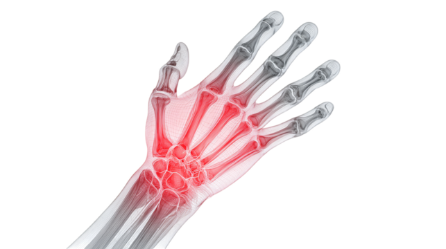 Human hand skeletal structure with highlighted carpal bones isolated on transparent background