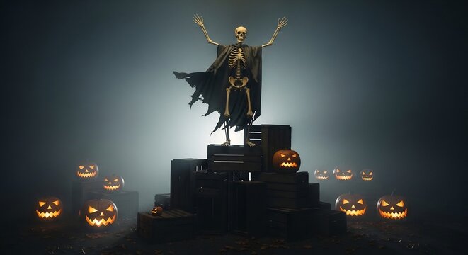 Skeleton atop crate pyramid arms raised in cape Carved glowing pumpkins surround in dark foggy setting