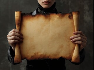 A person in black holds an old, burnt-edged, and crumpled scroll, revealing a blank space for a secret message or important decree, creating a mysterious and intriguing feel.