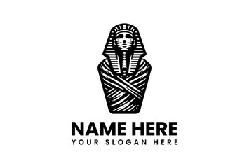 Stylized Black and White Mummy Illustration with Detailed Headdress and Bandages.