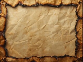 A crumpled old brown paper background is framed by edges that are charred completely black, creating a raw frame that suggests destruction or great age.
