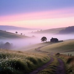 Obraz premium Serene Morning Mist Over Rolling Hills and Stone Cottage Path