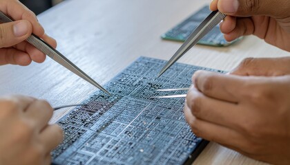Close-up of two people using tweezers on a circuit board.