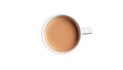 A top-down view of a white ceramic cup filled with steaming brown tea. placed on a clean white surface. evoking a sense of warmth and comfort. ideal for food and beverage-related content