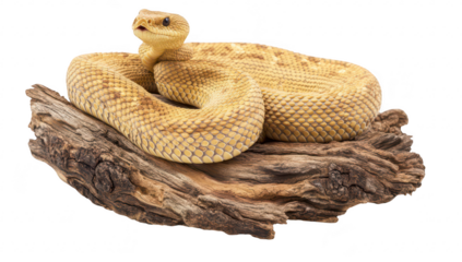 A close-up view of a golden-colored snake resting on a textured piece of driftwood. its intricate scales and natural habitat. ideal for educational or wildlife photography