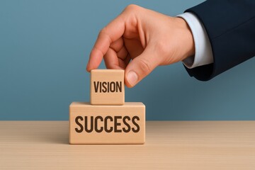 Hand Placing Vision Block Above Success Block on Wooden Surface in Professional Setting