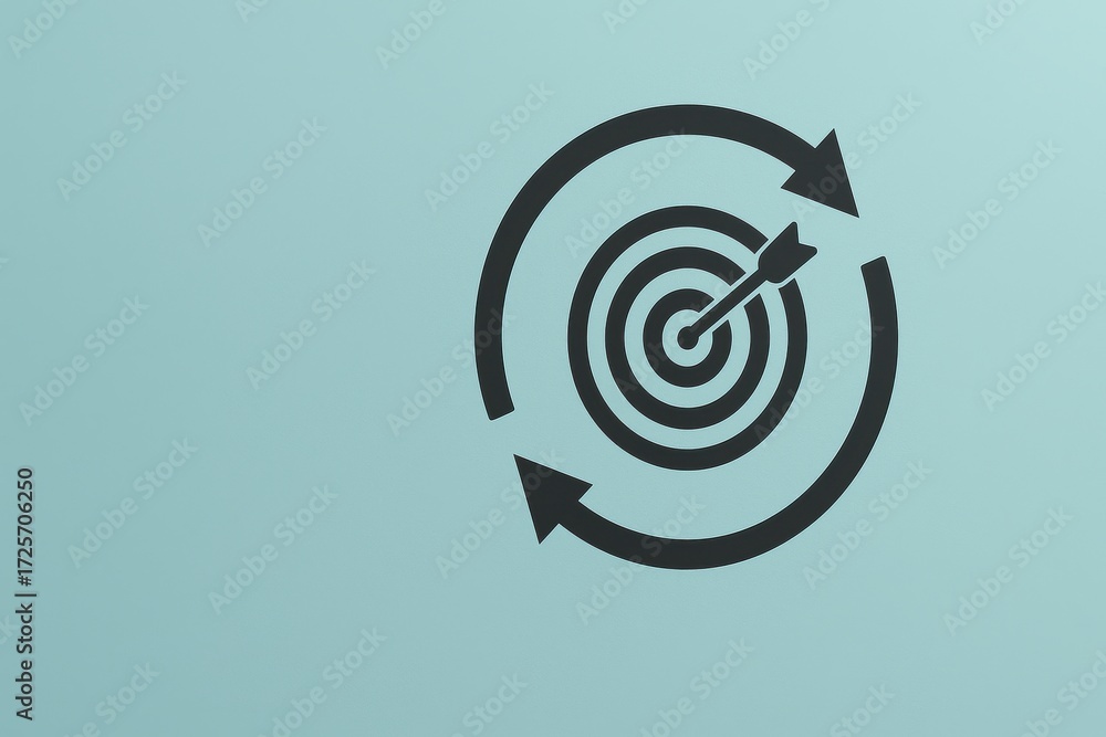 Poster circular motion arrow target icon on soft blue background for conceptual graphics