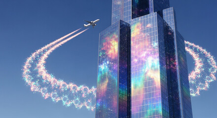 Futuristic surreal skyscraper: glass tower, airplane fractal trail.
