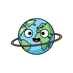 Cute earth planet cartoon character with ring isolated on white background, vector illustration