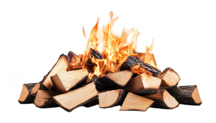 A campfire blazing atop a neatly stacked pile of firewood. set against a clean white background. ideal for illustrating warmth. outdoor gatherings. and cozy atmospheres