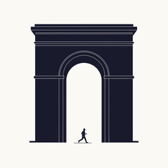 Silhouette of a runner passing under an archway, representing progress and achievement isolated on white background