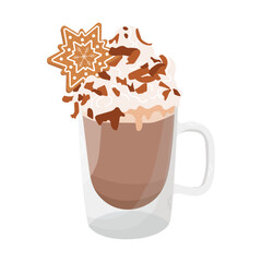 Hot chocolate with cream and gingerbread. Christmas hot drink.