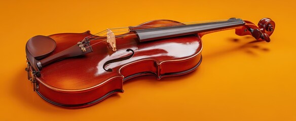 The violin lying on vibrant orange background showcasing glossy wood and elegant craftsmanship