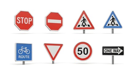 Essential road signs collection for safe navigation and traffic awareness, perfect for educational materials and driving safety campaigns