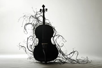 Elegant black cello with artistic black swirls on white background