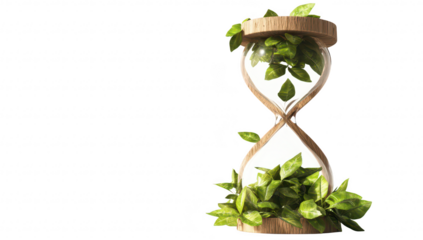 An artistic hourglass filled with lush green leaves. symbolizing the passage of time and natures resilience. set against a minimalist white background. ideal for themes of sustainability and growth