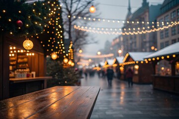 Cozy christmas market scene with festive lights and stalls