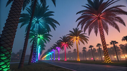 Fototapeta premium A vibrant row of palm trees brightly illuminated with colorful festive lights.