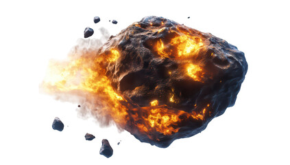 A fiery asteroid hurtling through space. surrounded by glowing embers and debris. the dynamic energy of cosmic events. ideal for educational or scientific imagery