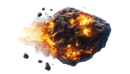 A fiery asteroid hurtling through space. surrounded by glowing embers and debris. the dynamic energy of cosmic events. ideal for educational or scientific imagery