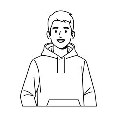 Simple minimal line art drawing of a boy wearing hoodie and smiling happily